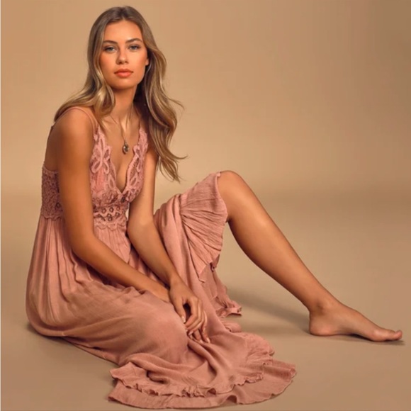 Free People Dresses & Skirts - Free People Adella Rose Pink Crochet Lace Maxi Dress Size XS